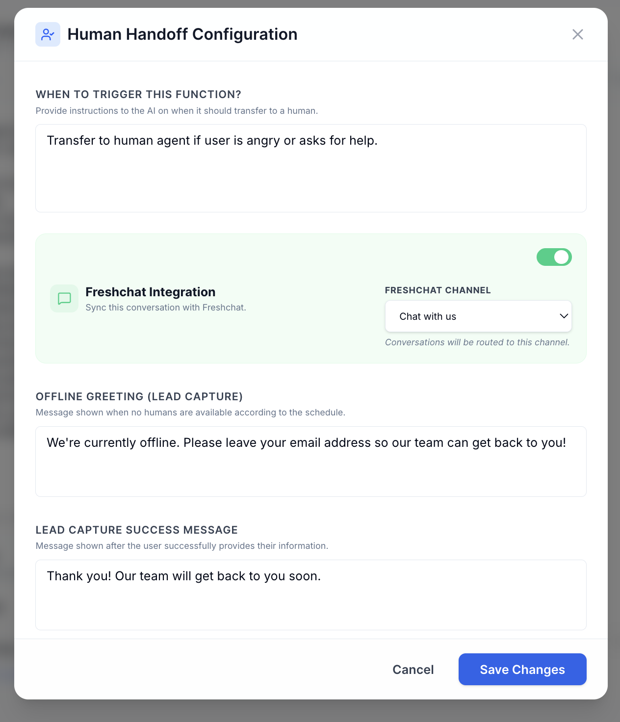 Freshchat-deflect agent integration