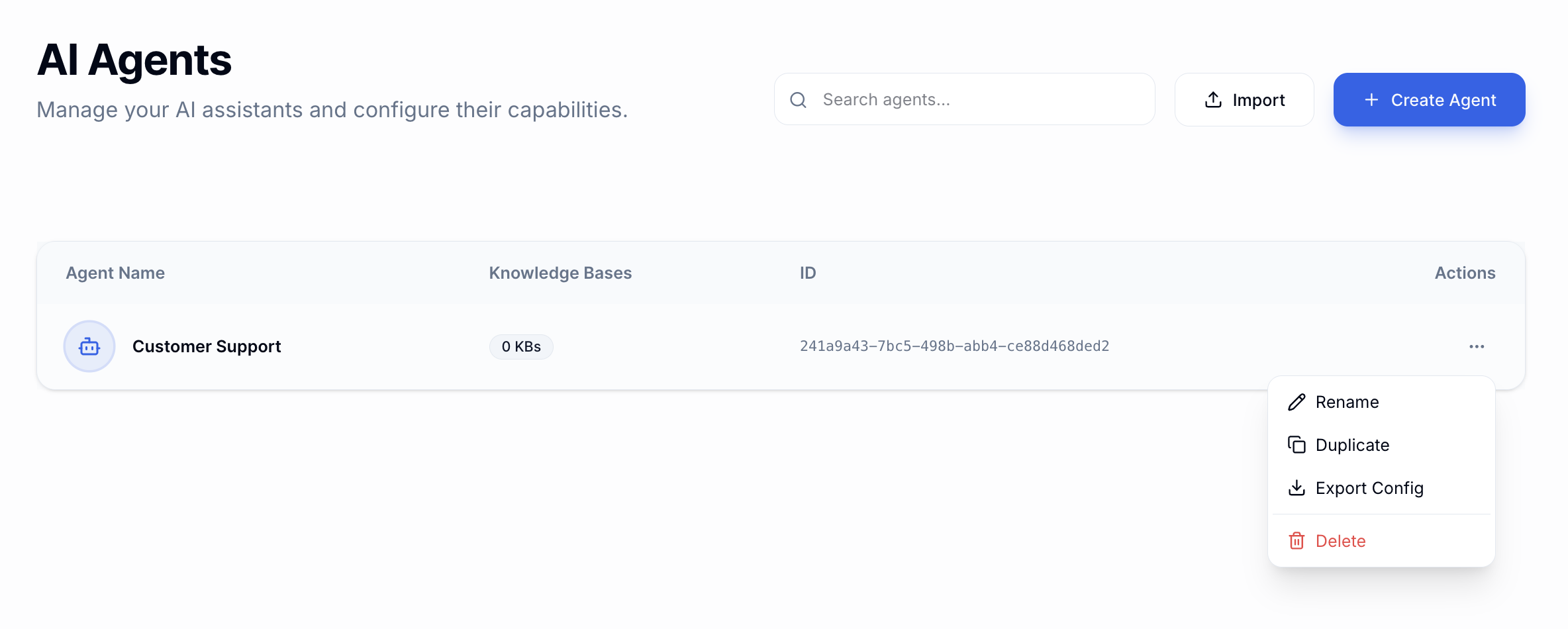 Easily dublicate, import/export AI agents.
