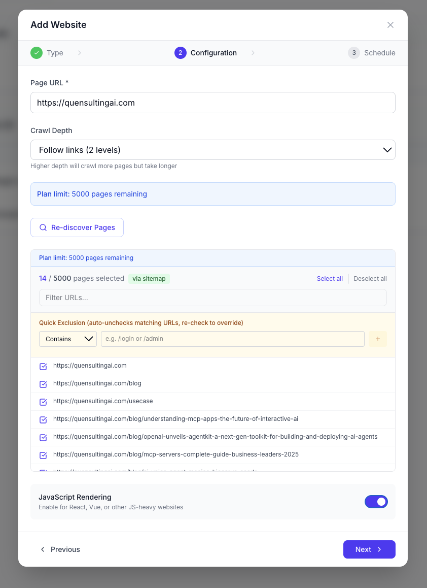 Web Crawling Configuration page