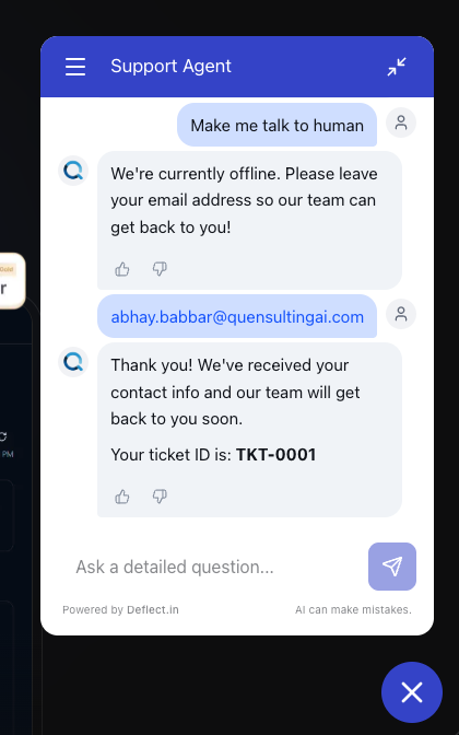 Alt: Screenshot of the chat widget showing the automated ticket creation process.