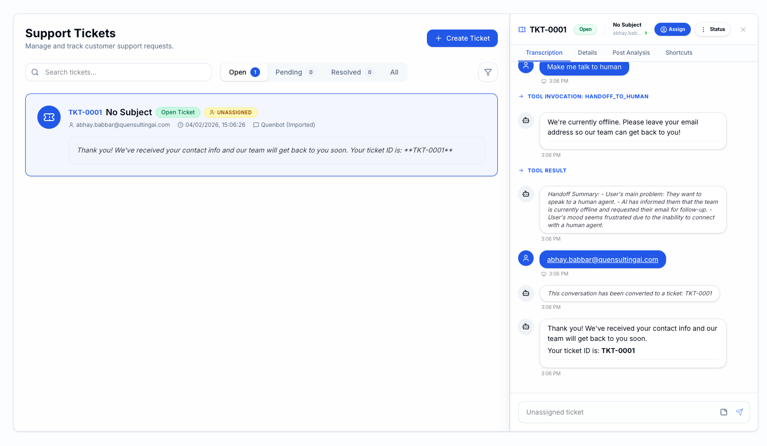 Screenshot of the Deflect Support Tickets dashboard showing a list of tickets on the left and a detailed conversation transcript with AI handoff summary on the right.