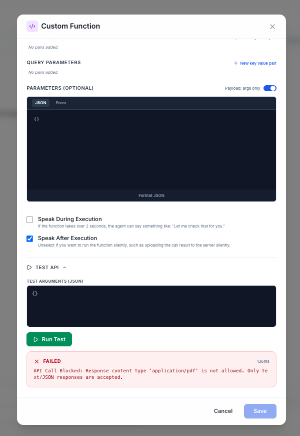 Screenshot of the Test API panel showing a blocked API response with content type application/pdf.
