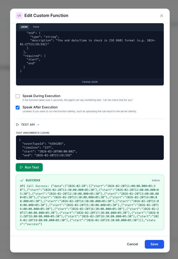 Screenshot of the Test API panel inside the Custom Function editor showing auto-generated test arguments and a success response.